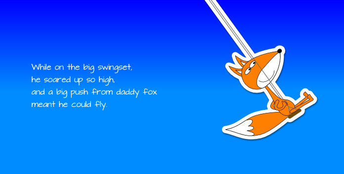 Pages 10-11: Baby Fox swinging on a swing