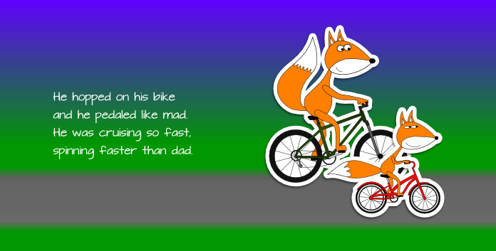 Pages 14-15: Baby Fox and Daddy Fox riding bikes
