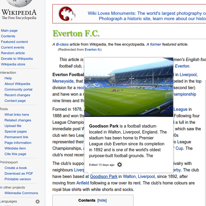 Screenshot of Everton FC's Wikipedia page