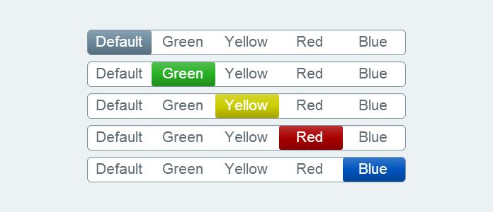 Switches showing the five different colors: default, green, yellow, red, and blue